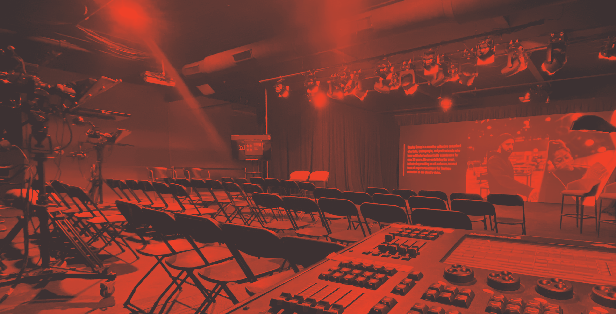 Landscape brand page header image shows Building 22 broadcast studio with lights, chairs, and LED screen behind a duotone red overlay treatment.