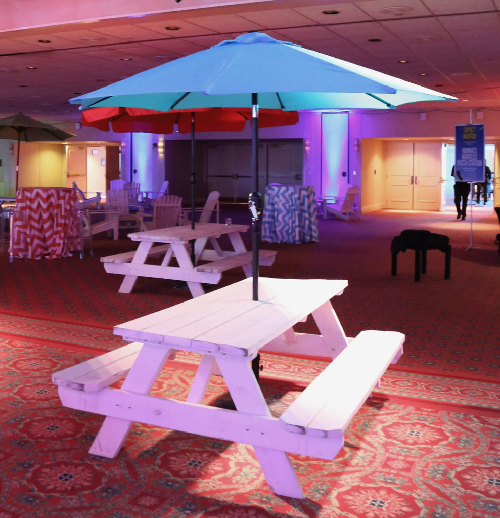 White wood picnic tables with umbrellas Display Group