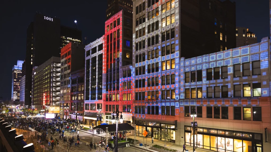 2024 NFL draft projection mapping lights up several downtown Detroit buildings