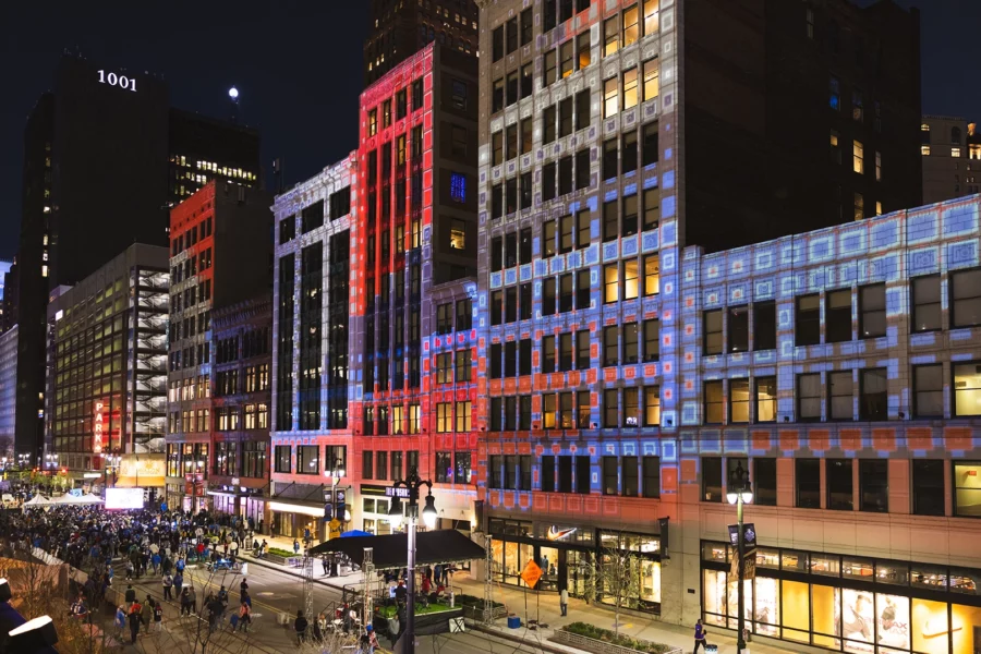 2024 NFL draft projection mapping lights up several downtown Detroit buildings
